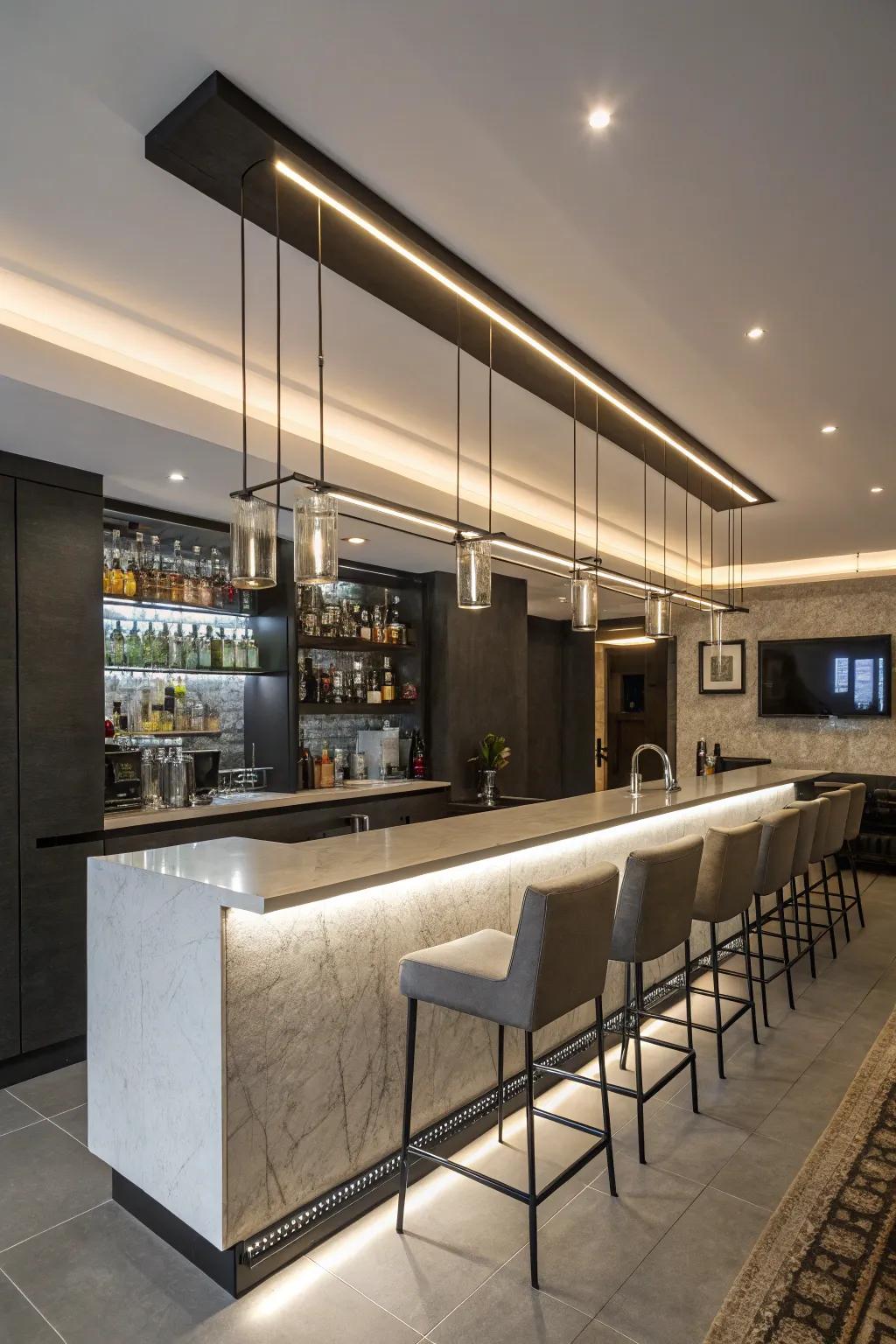 Suspended light panels present a modern and sleek aesthetic.