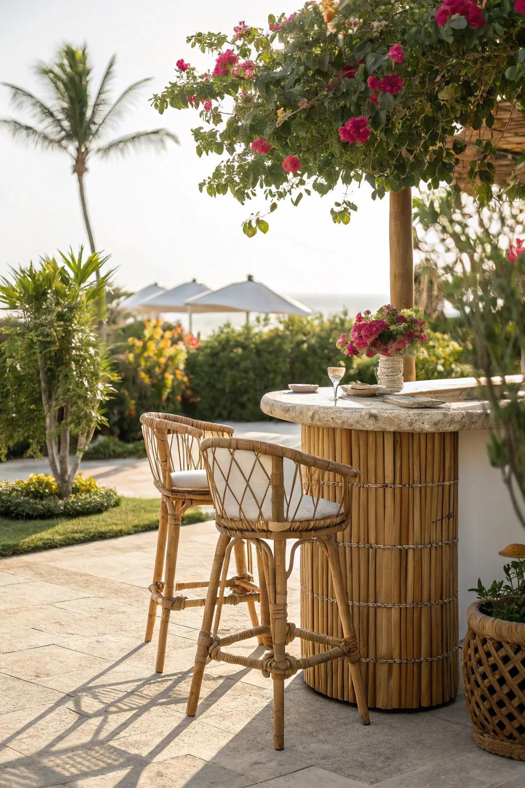 Tropical bar table creating a vacation atmosphere at home.