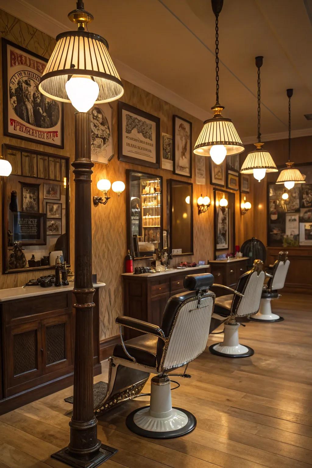 Elegant floor lamps add to the ambiance of a barbershop.