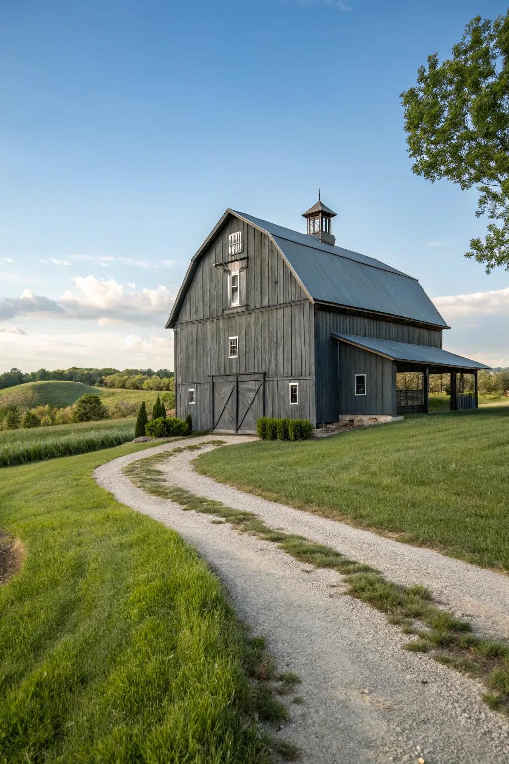 A classy charcoal gray barn that contributes modern elegance to the countryside.