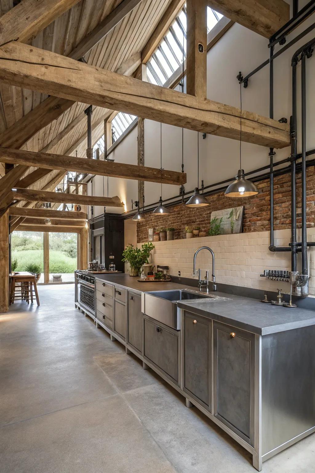Industrial details enhance the rustic aesthetic.