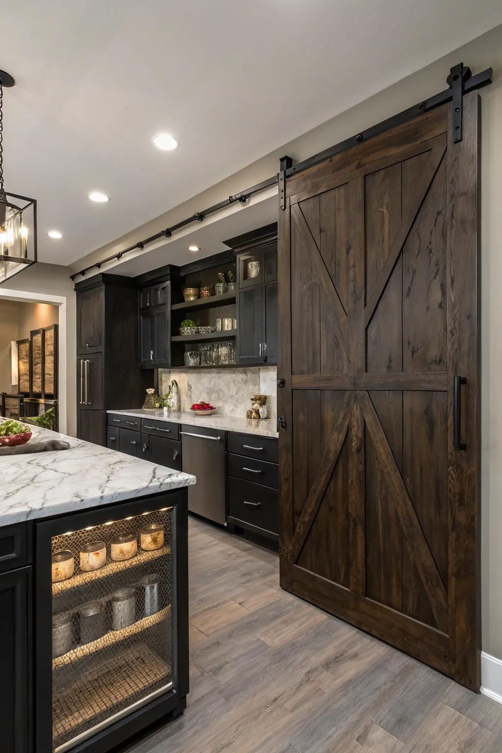 A kitchen featuring a sliding barn door pantry in dark hues.