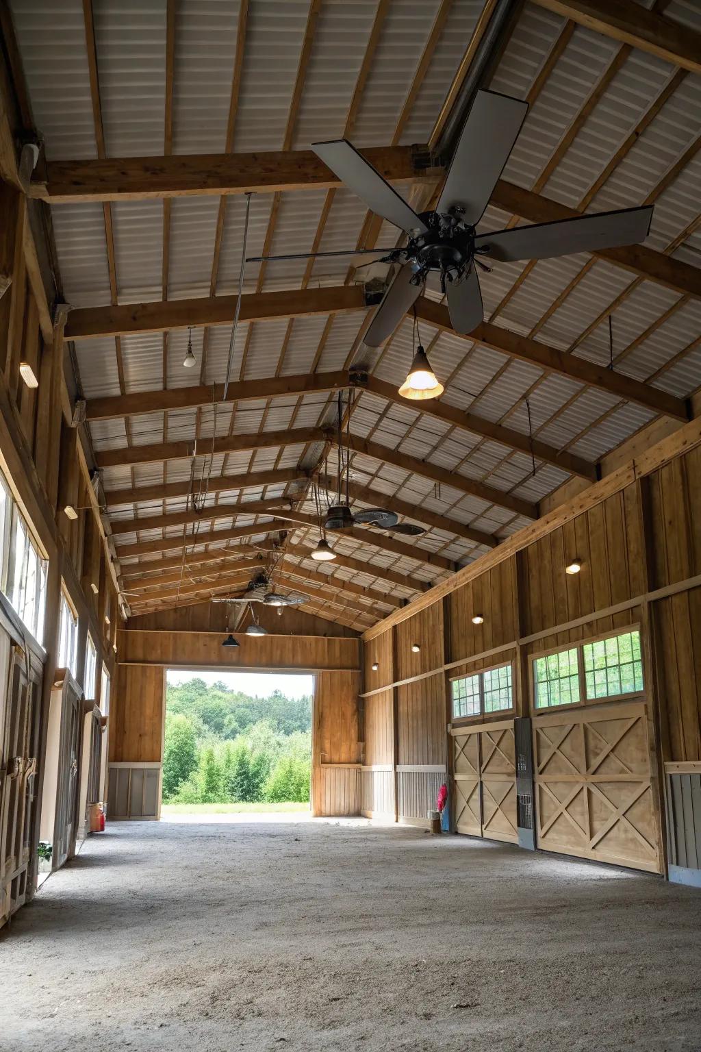 Ceiling fans give ease and air flow in this barn garage.
