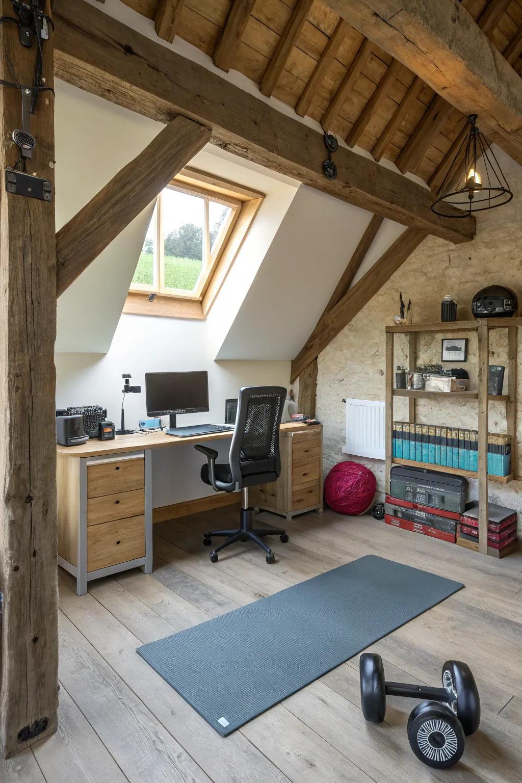 An adaptable area serving as both an office and a workout room.