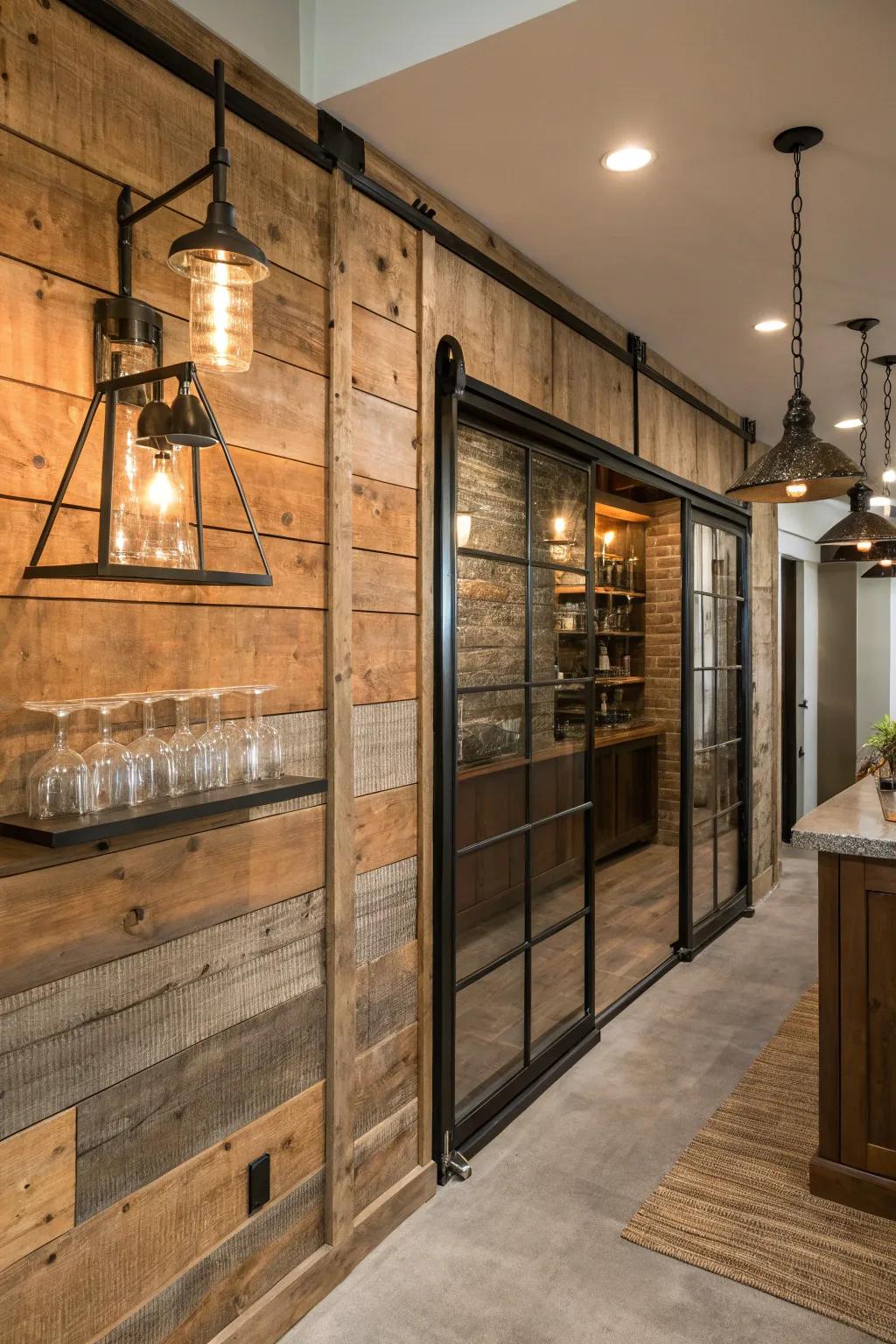 Unite rustic timber with smooth materials for a modern accent.