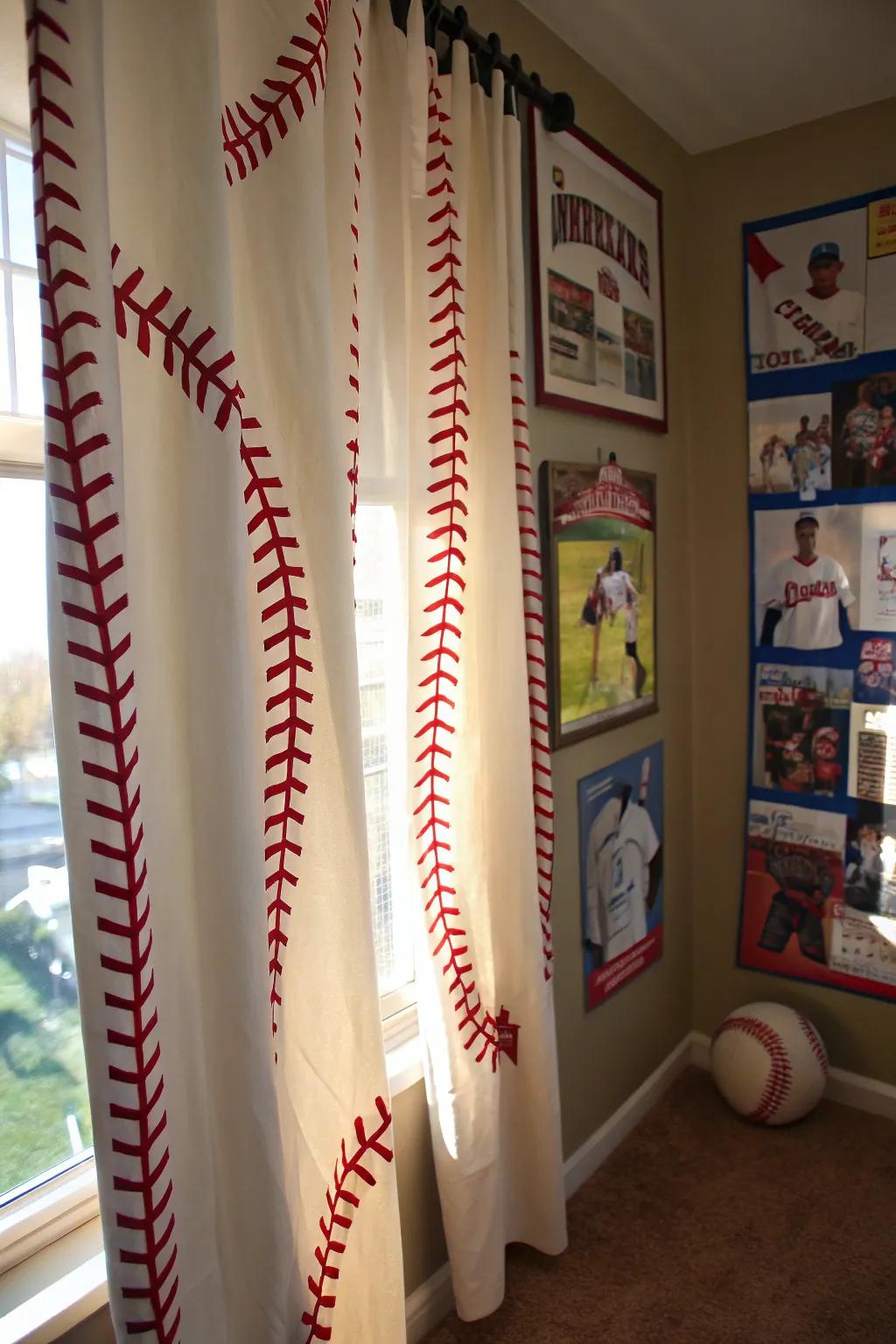 Baseball seam drapes add a subtle yet cohesive element to the decor.