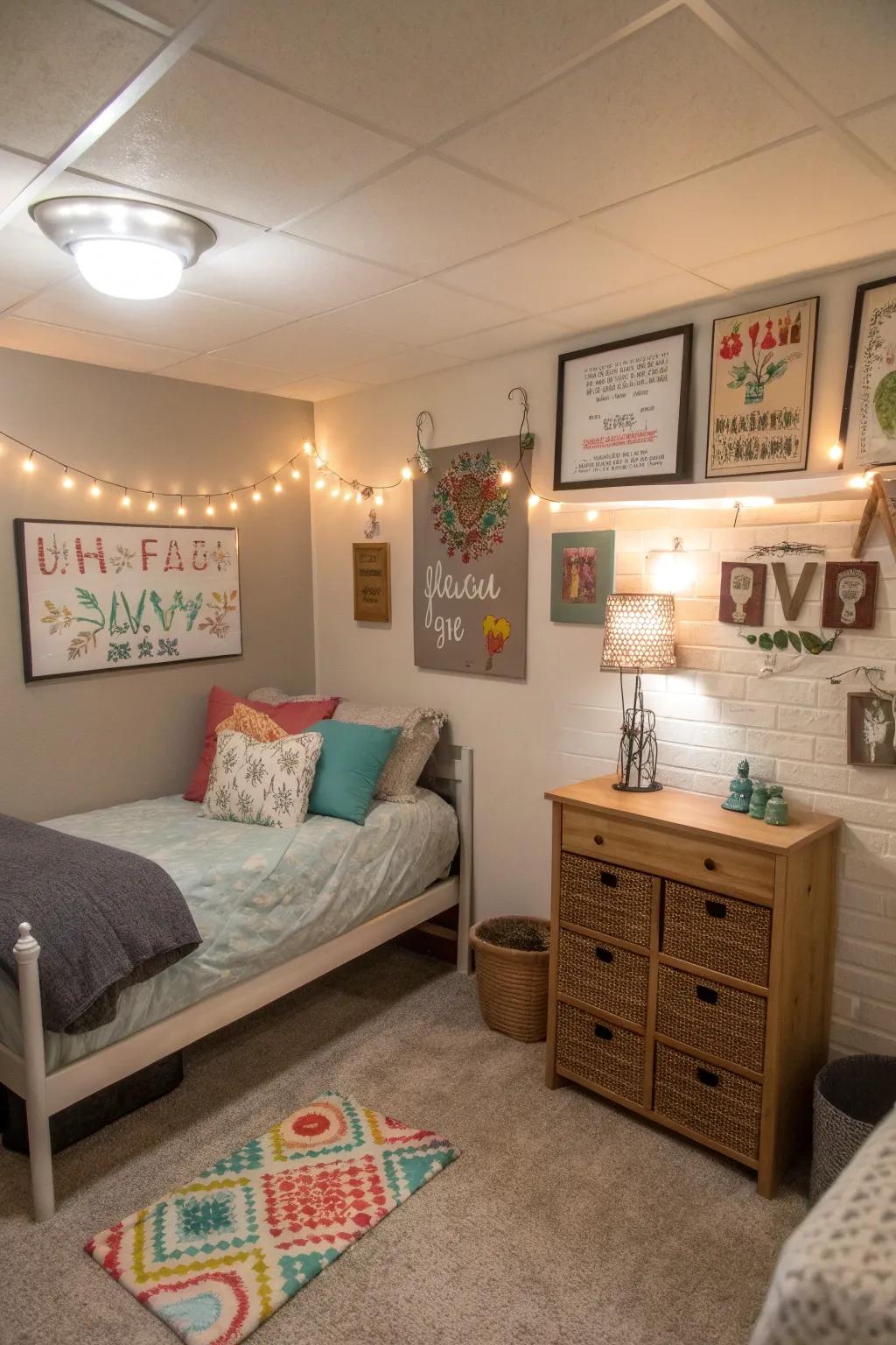 DIY decor projects introduce a personal touch to this basement bedroom.