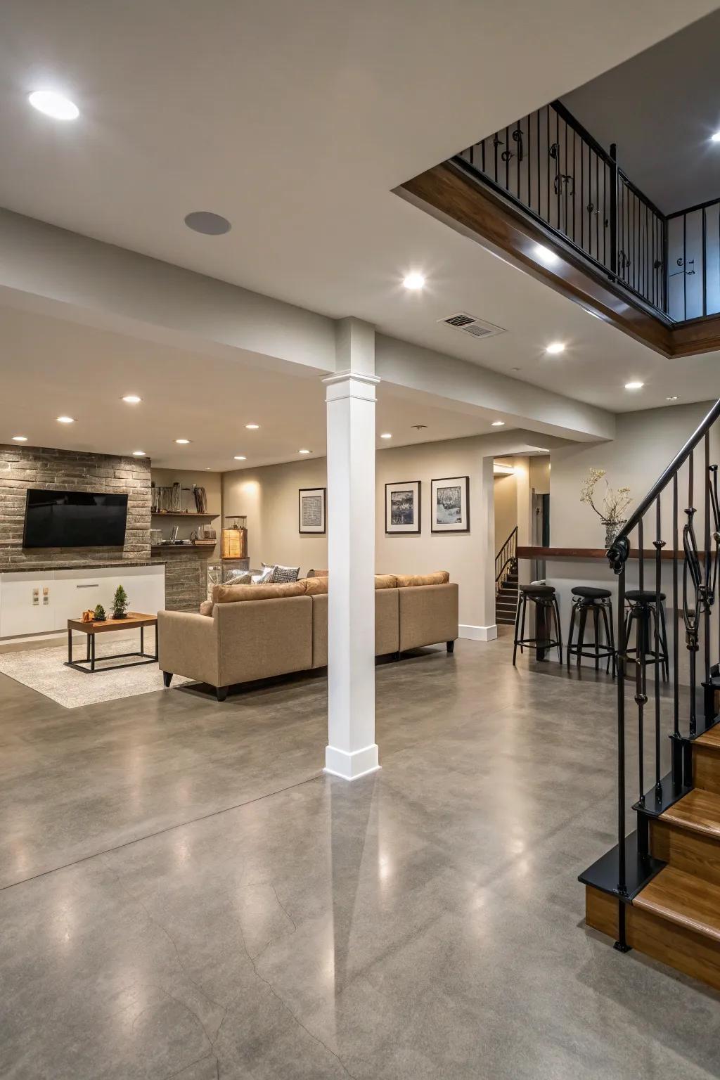 A cohesive and flowing multi-level basement is created by smooth concrete floor transitions.