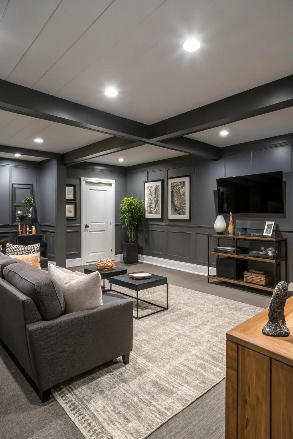 Iron gray walls give this basement a modern edge.
