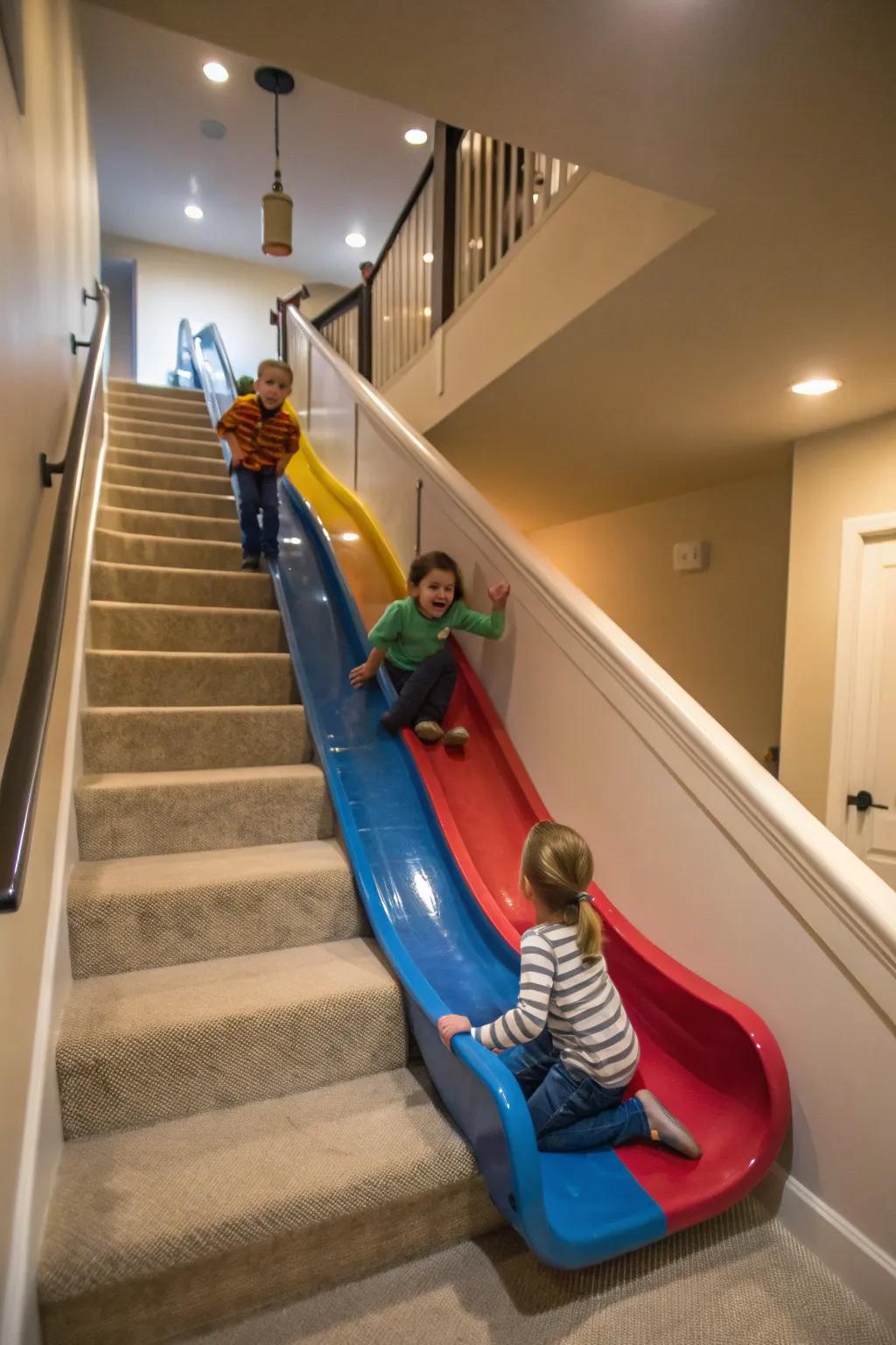 A stairway slide introduces fun and cheer to the descent.