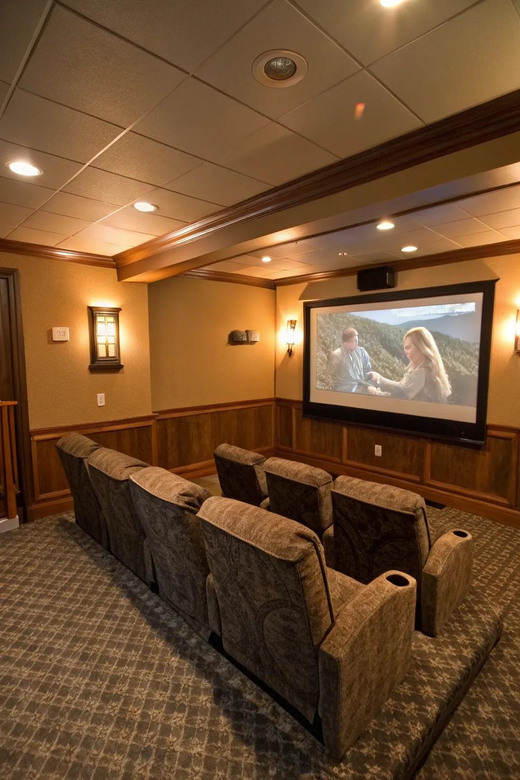 Small space optimization ensures an efficient and cozy home cinema setup.