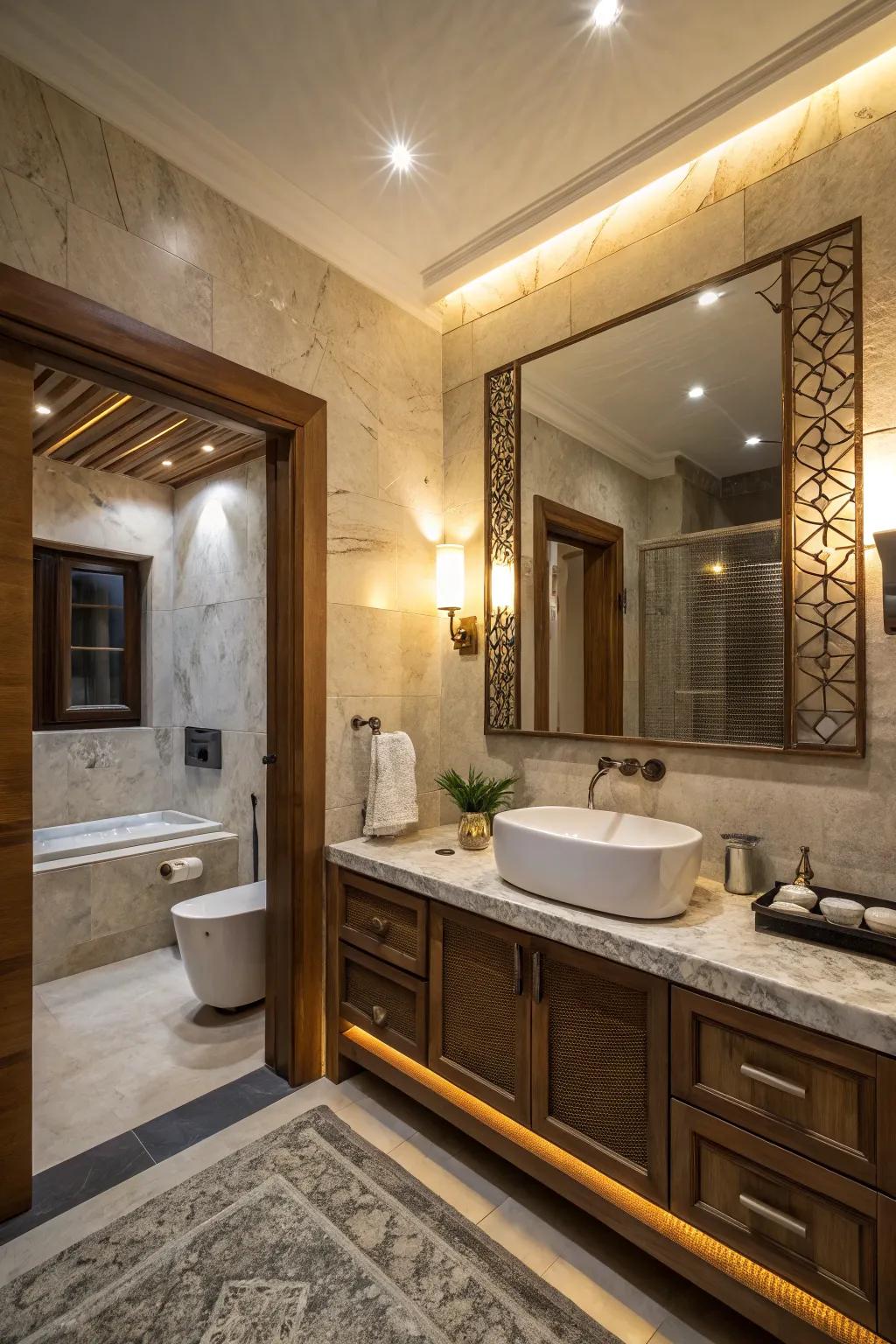 Accentuating illumination spotlights distinctive architectural attributes.