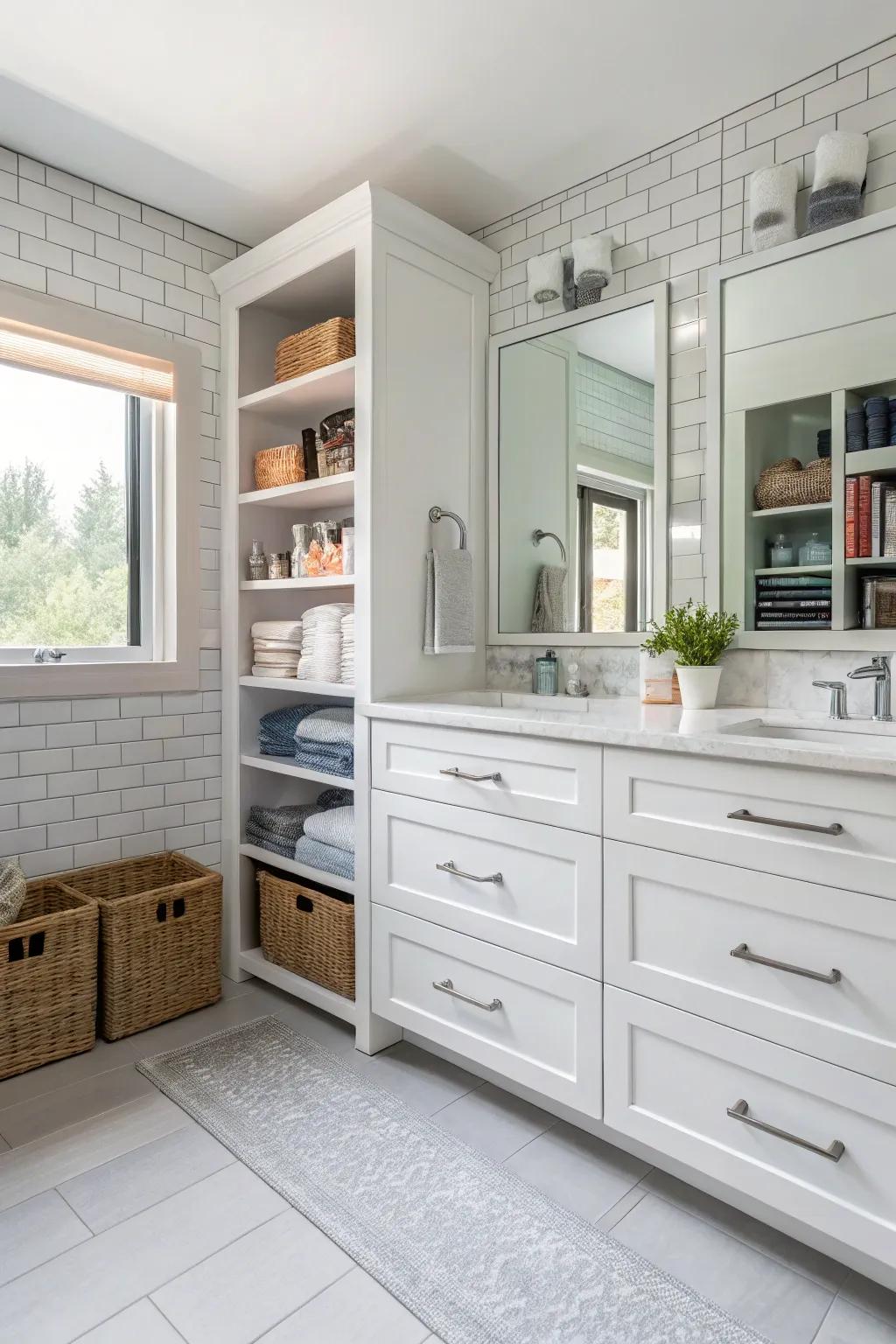 A bathroom with clever storage arrangements for optimal organization.
