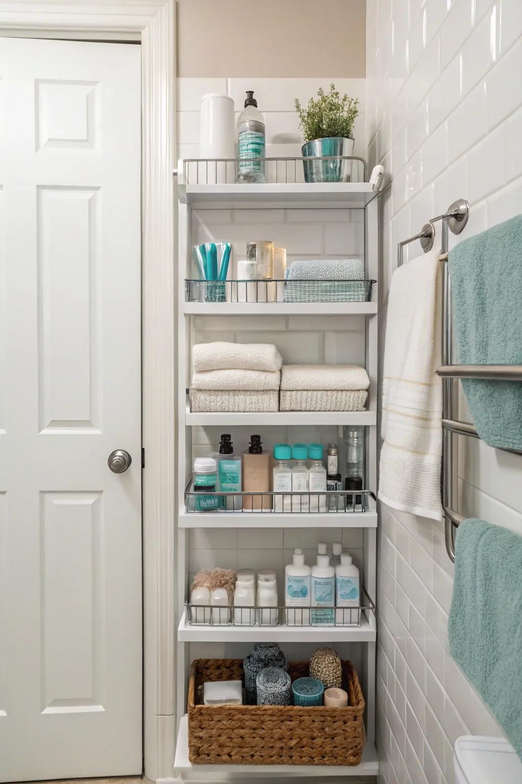 Over-the-door shelving maximizes unused space.