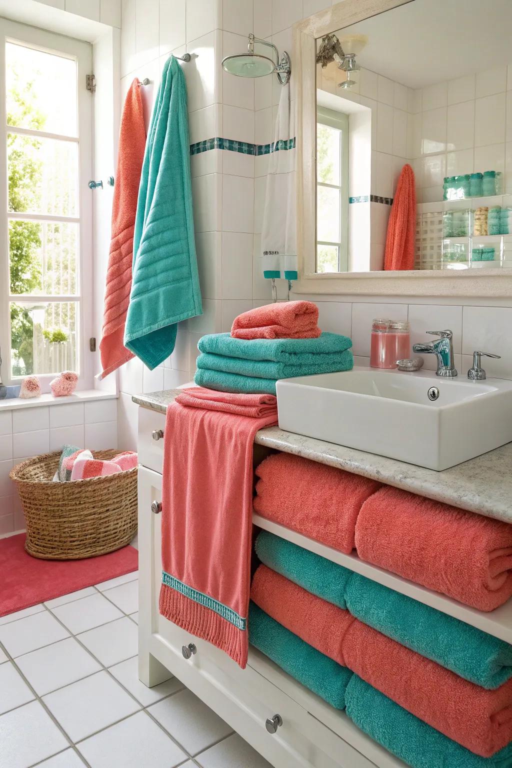 Coral and turquoise towels convey energy and vibrancy.
