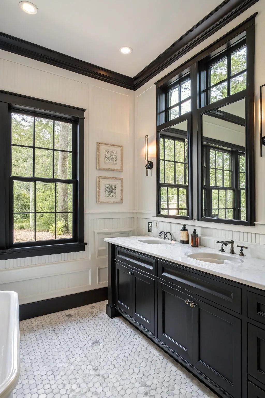 Jet edging contributes theater and remarkable variation to the lavatory.