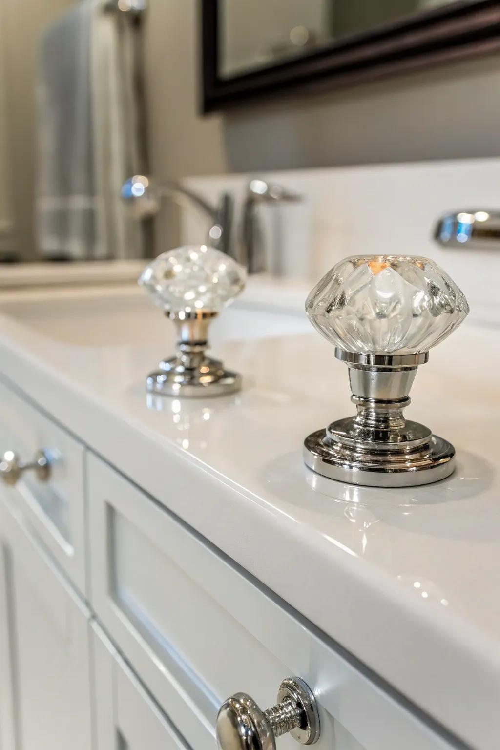 Crystalline knobs add elegance with a modern touch.