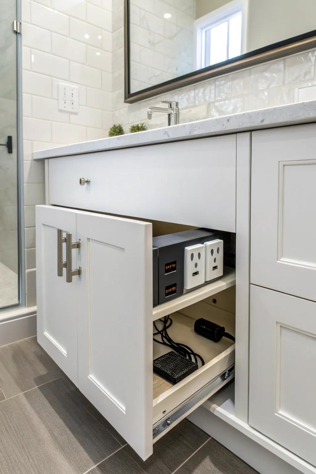 Covert outlets help keep surfaces uncluttered.