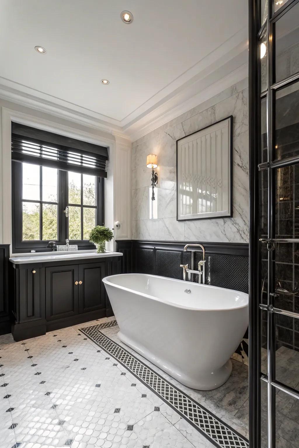 A sophisticated ebony and ivory bathroom featuring ageless appeal.