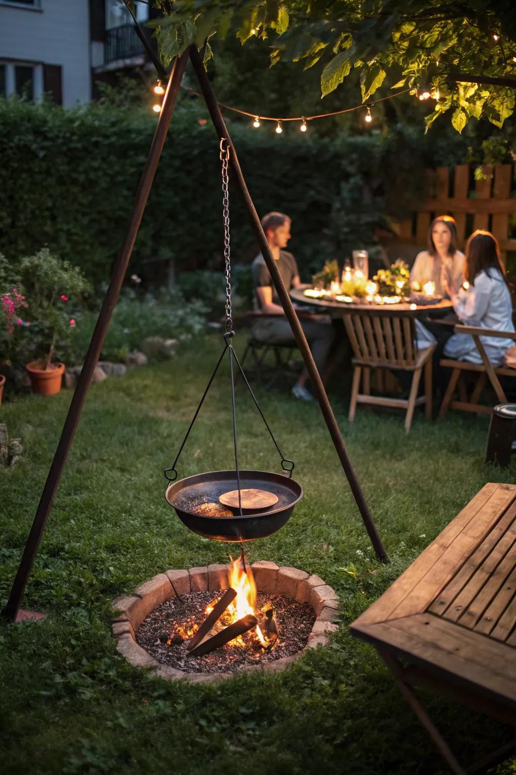 Unique hanging grill setting a whimsical outdoor tone.