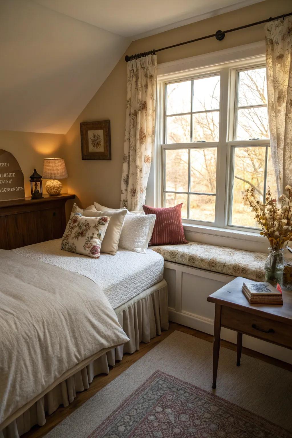 A window nook contributes comfort and function to a bedroom corner.
