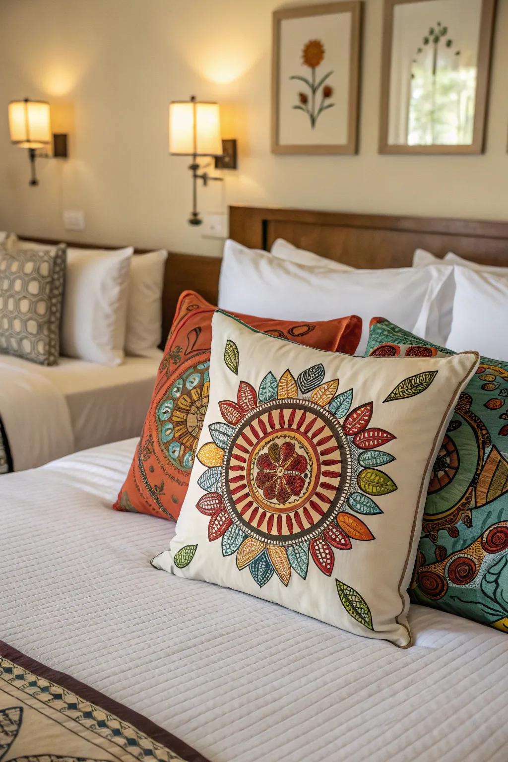Fill your setting with pillows that resemble artistic masterpieces.