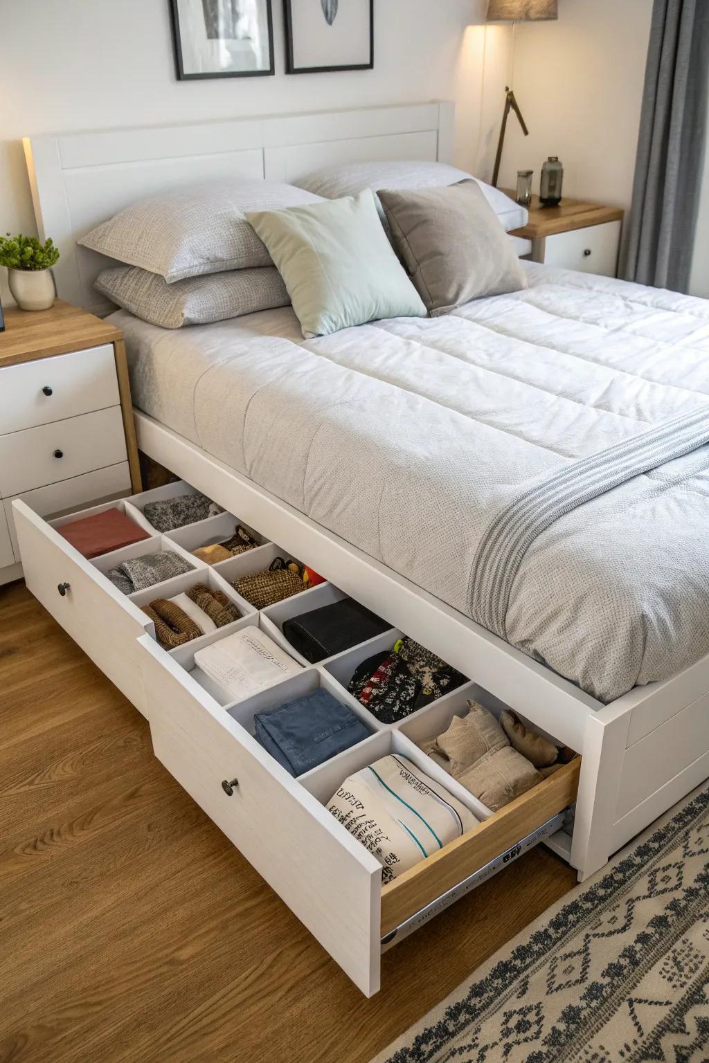 Below-bed stowing solutions maintain organized bedrooms.