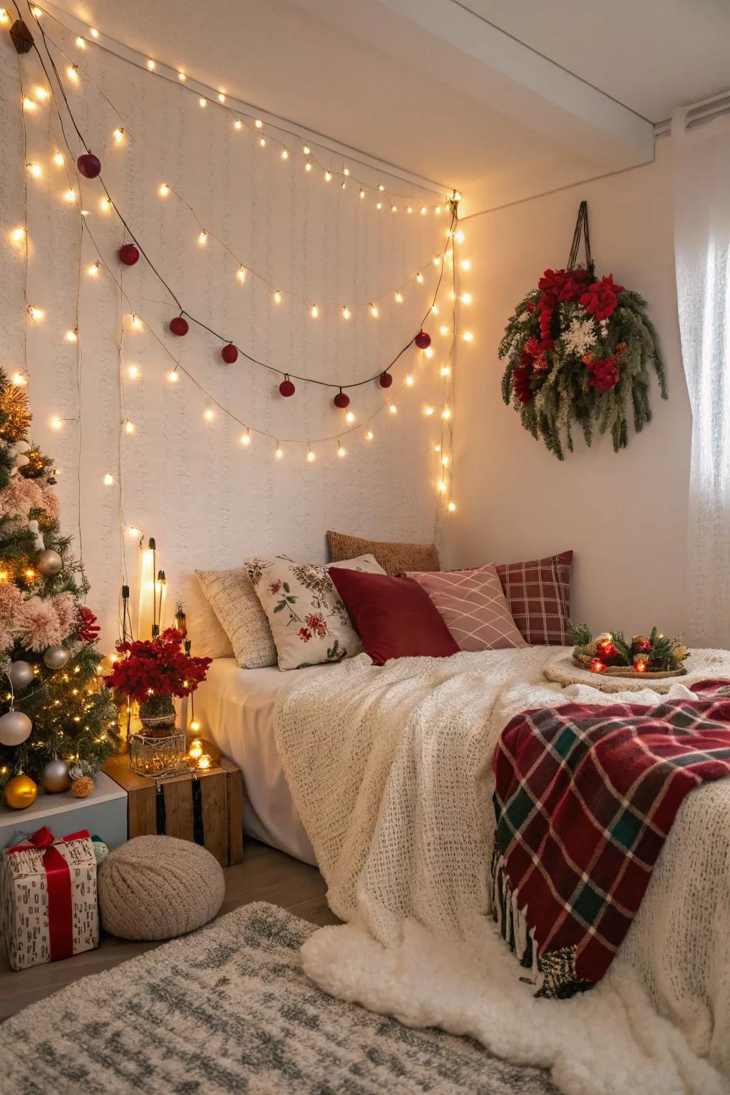 Seasonal ceiling decor refreshes the space.