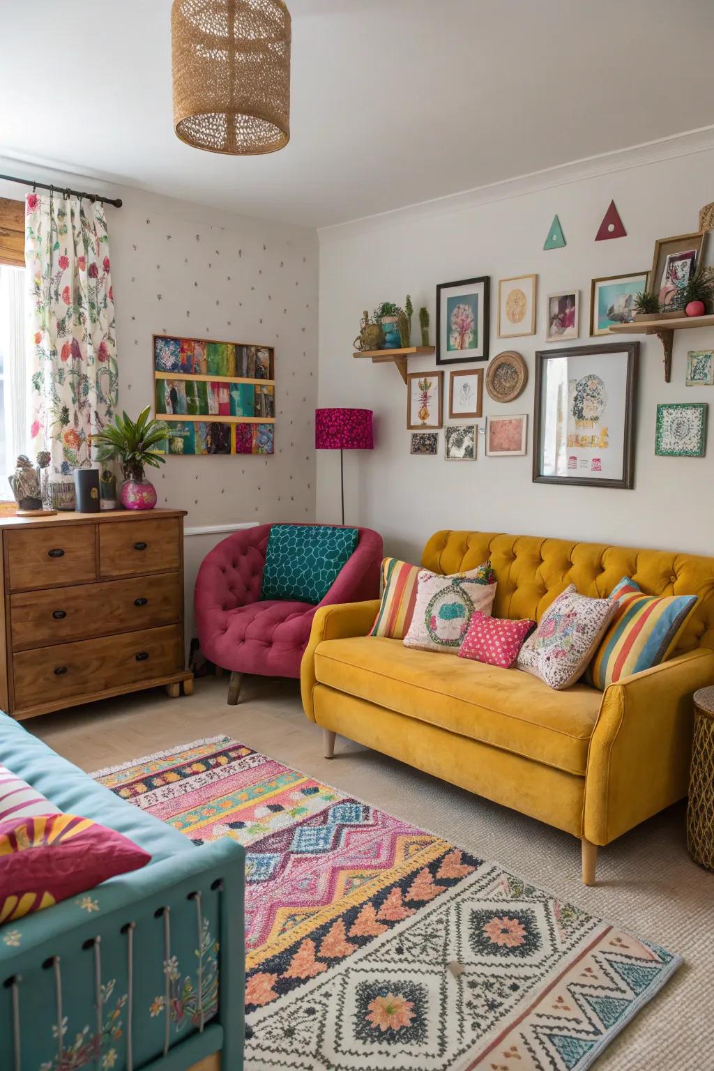 An eclectic mix of sofas in a bedroom, showcasing personal style and creativity.