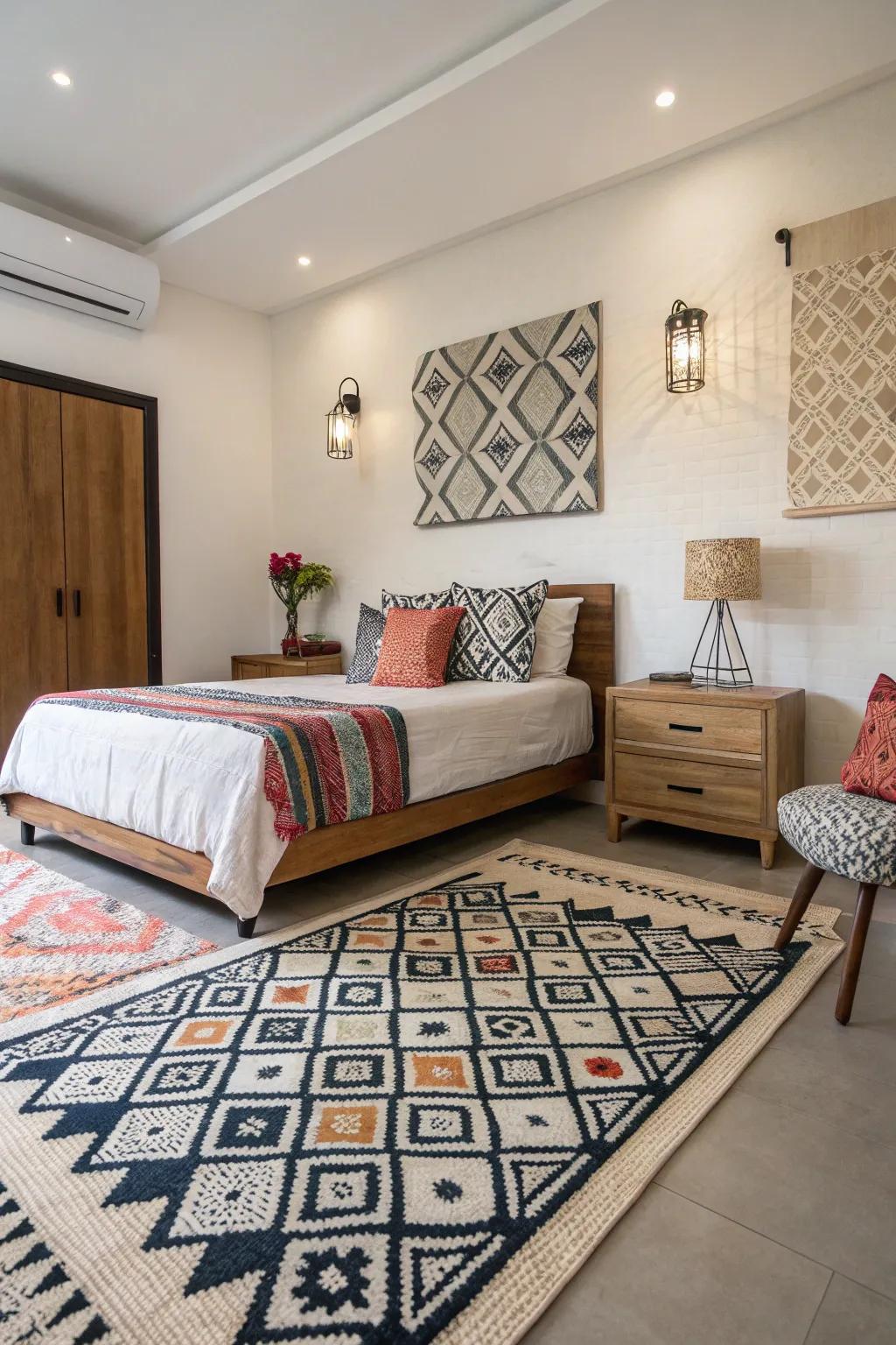 Geometric patterns bring a modern edge to bedroom décor.