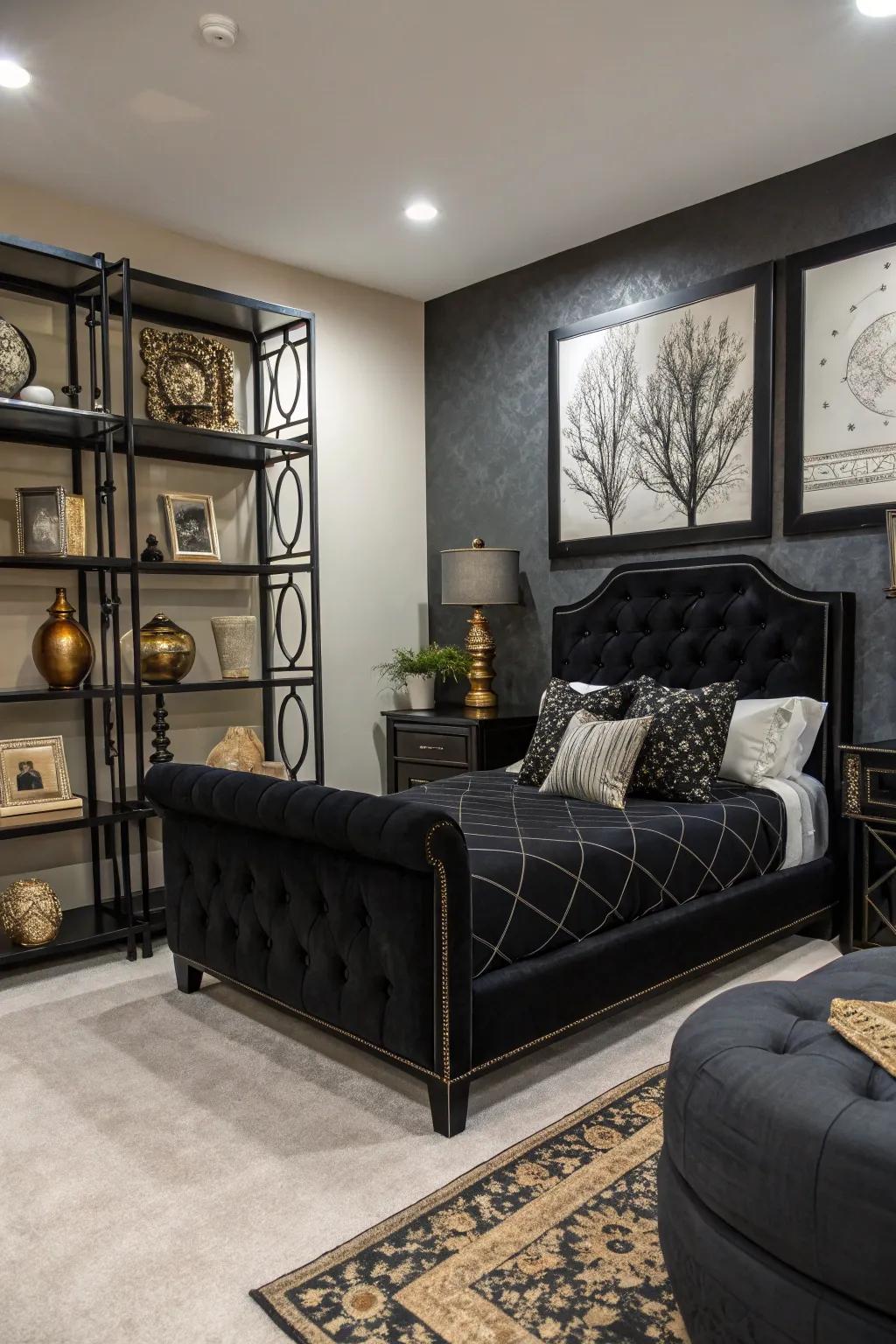 Art pieces inject sophistication, elevating the design of a bedroom fitted with dark furniture.