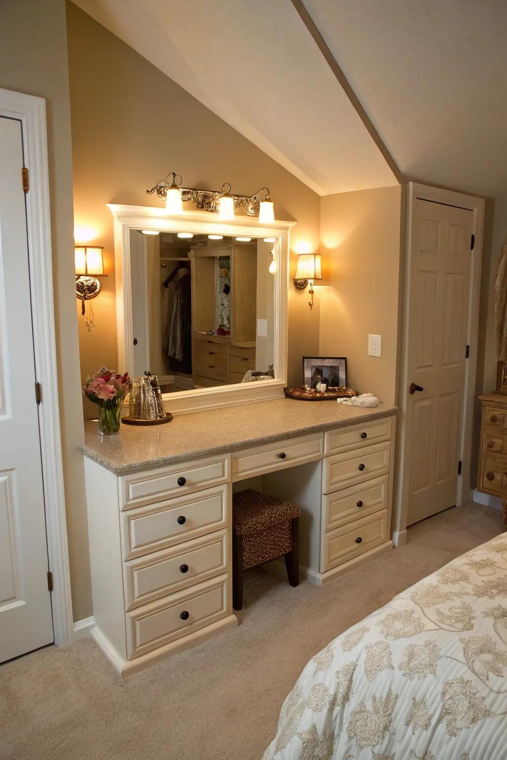 Elevate your bedroom with a chic built-in vanity featured in the knee wall.