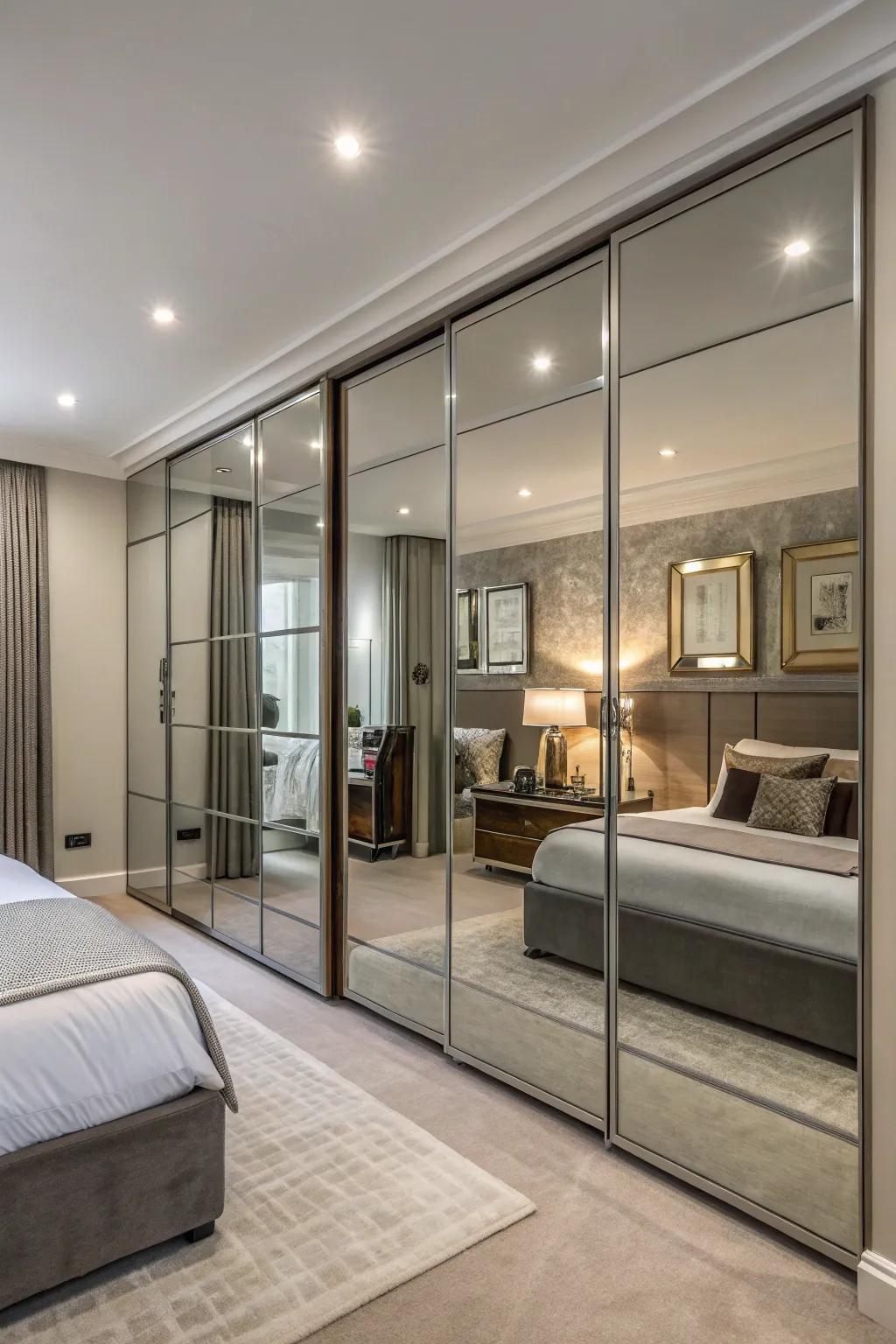 Panels of wall mirror create a broad and striking effect in the bedroom.