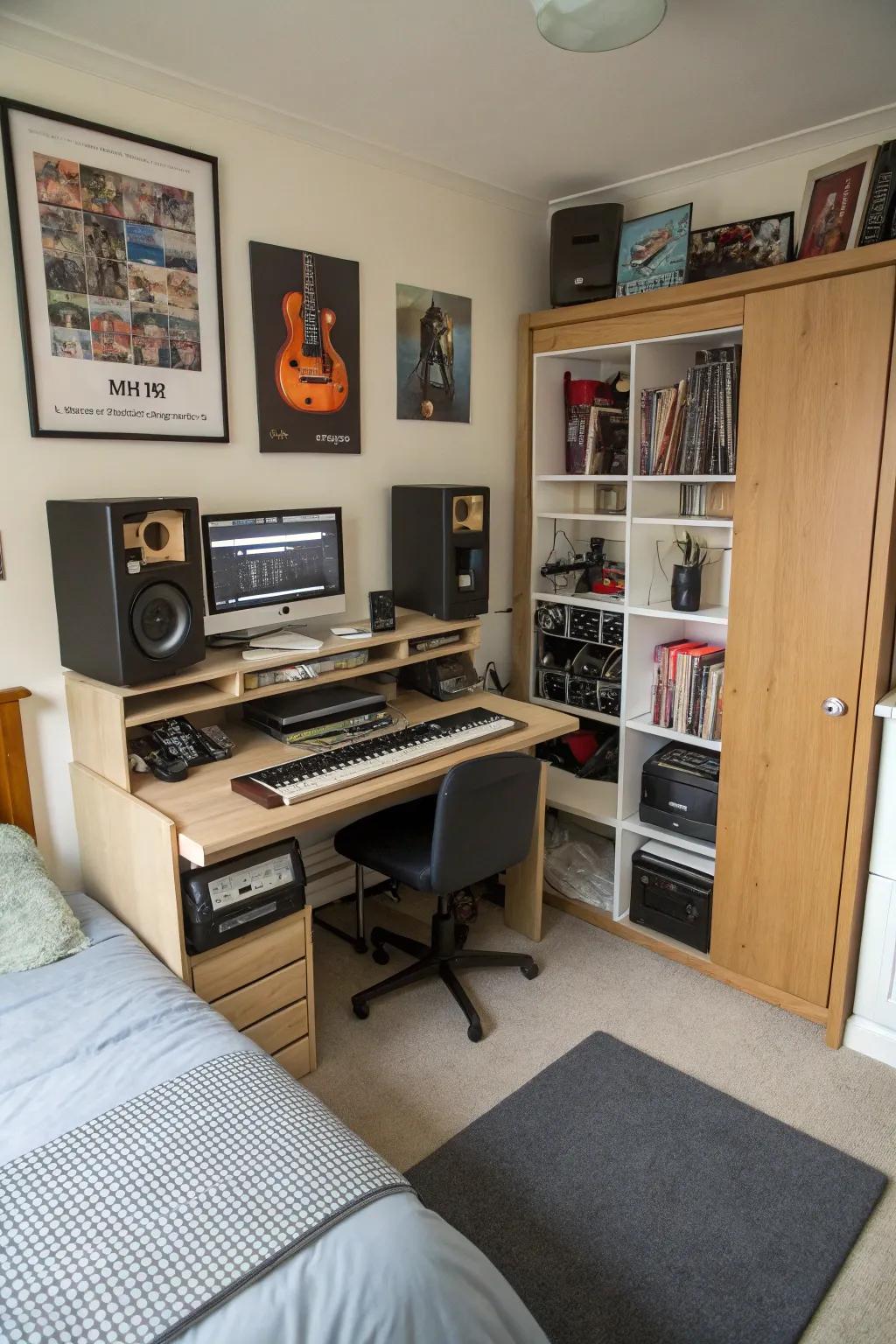 Multi-functional furniture optimizes space and utility in a compact music studio.
