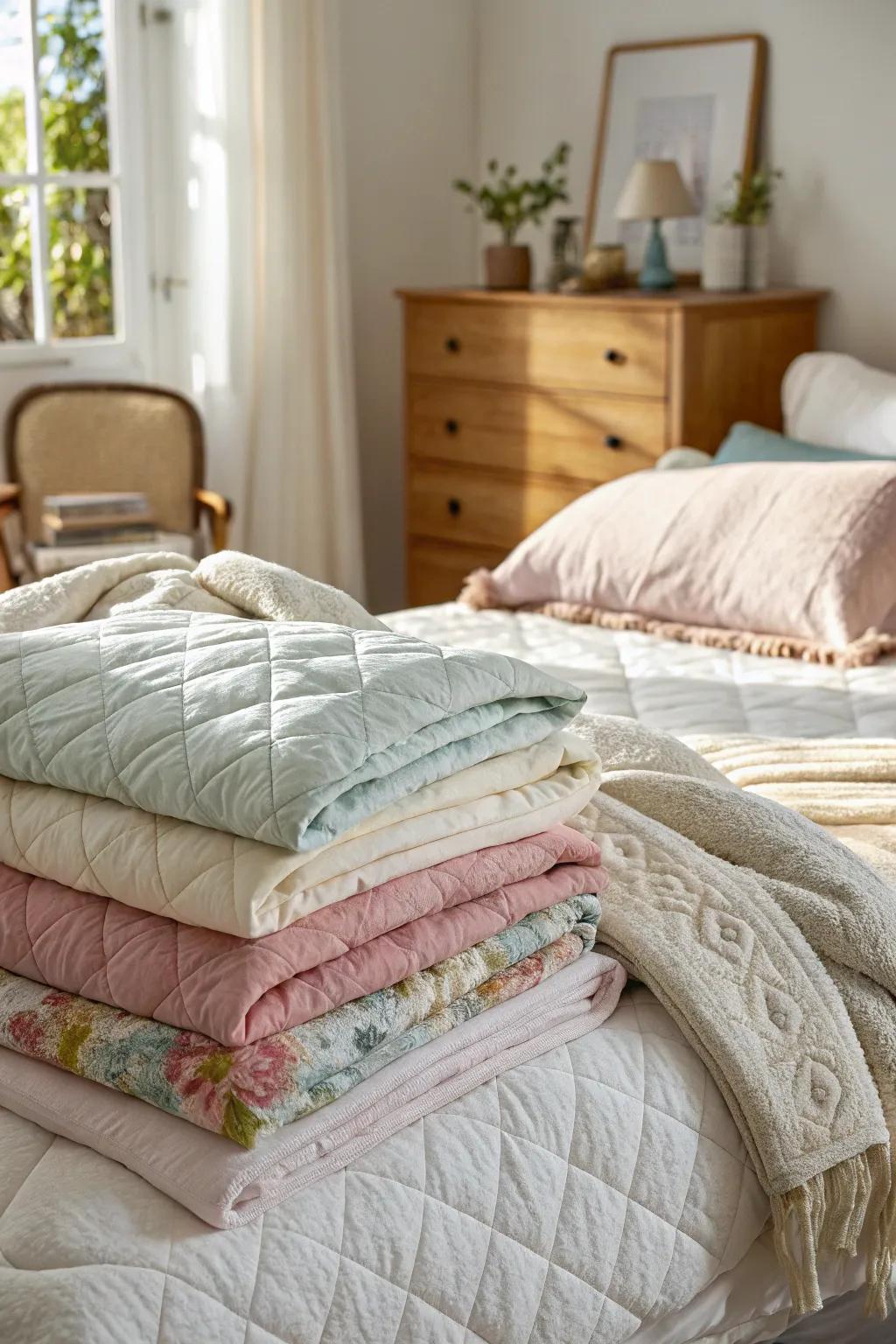 A bedroom with layers of soft fabrics.