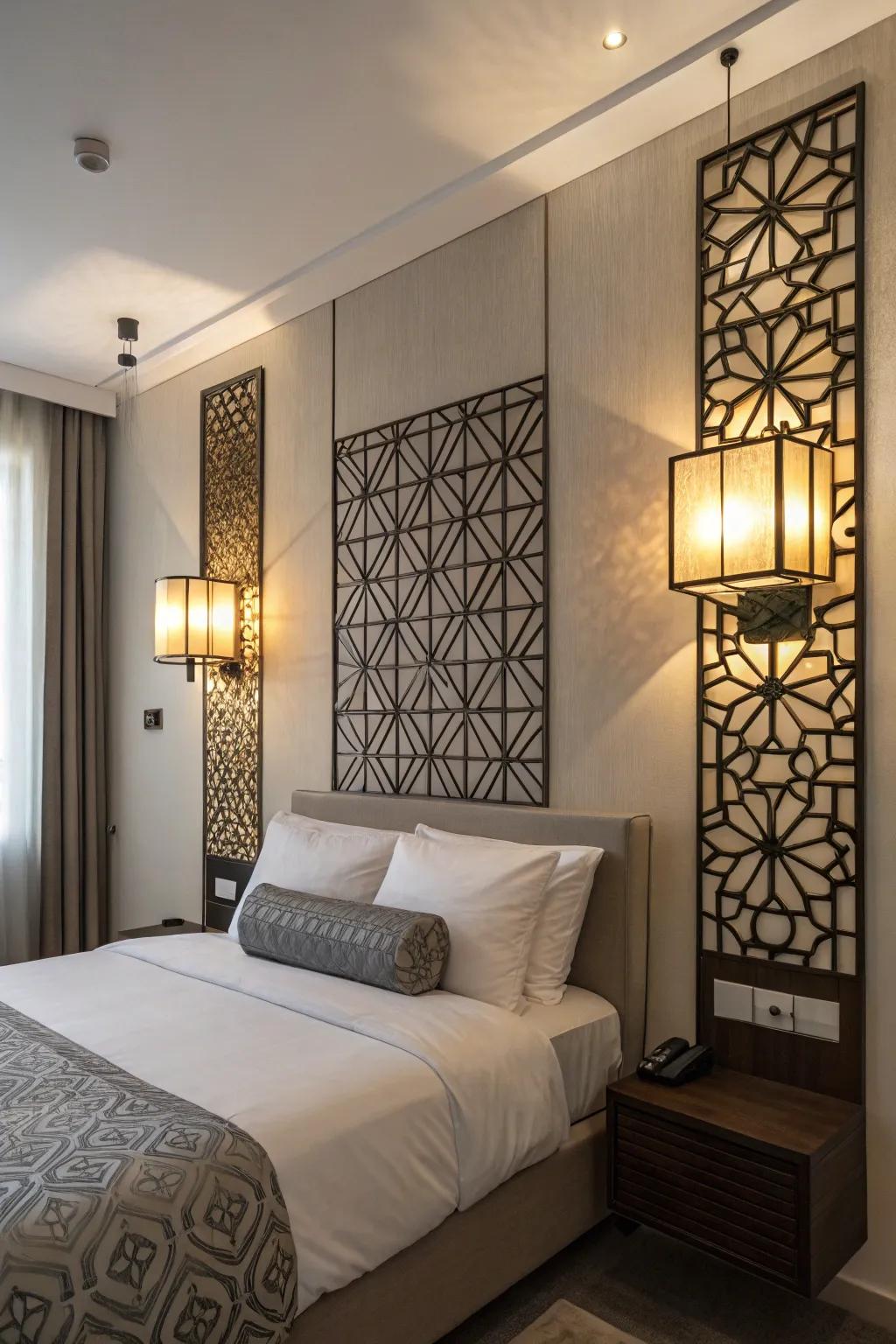 Geometric sconces serve as stylish statement pieces.