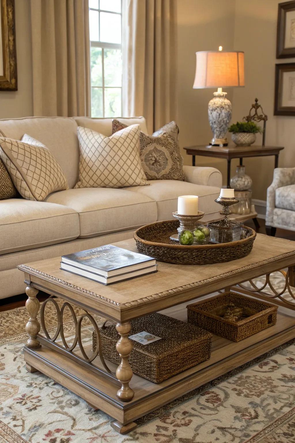 A striking center table complements a sand-toned sofa in a stylish living room.