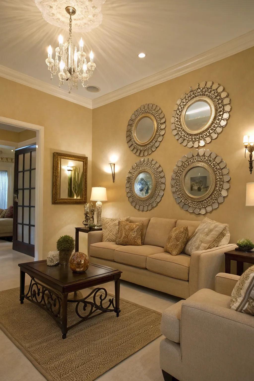 Mirrors amplify space and illumination in a beige room.