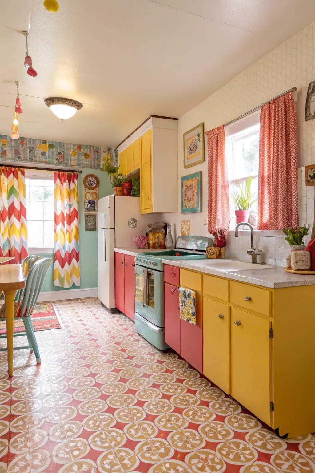 Linoleum flooring adds a lively and colorful element.