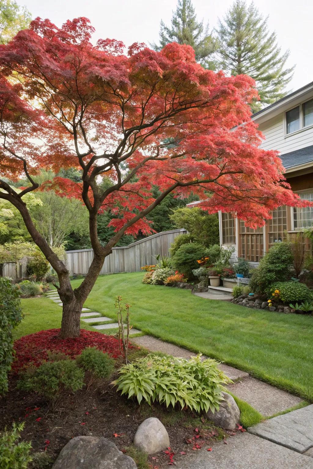 Japanese maple establishes an impressive focal point.
