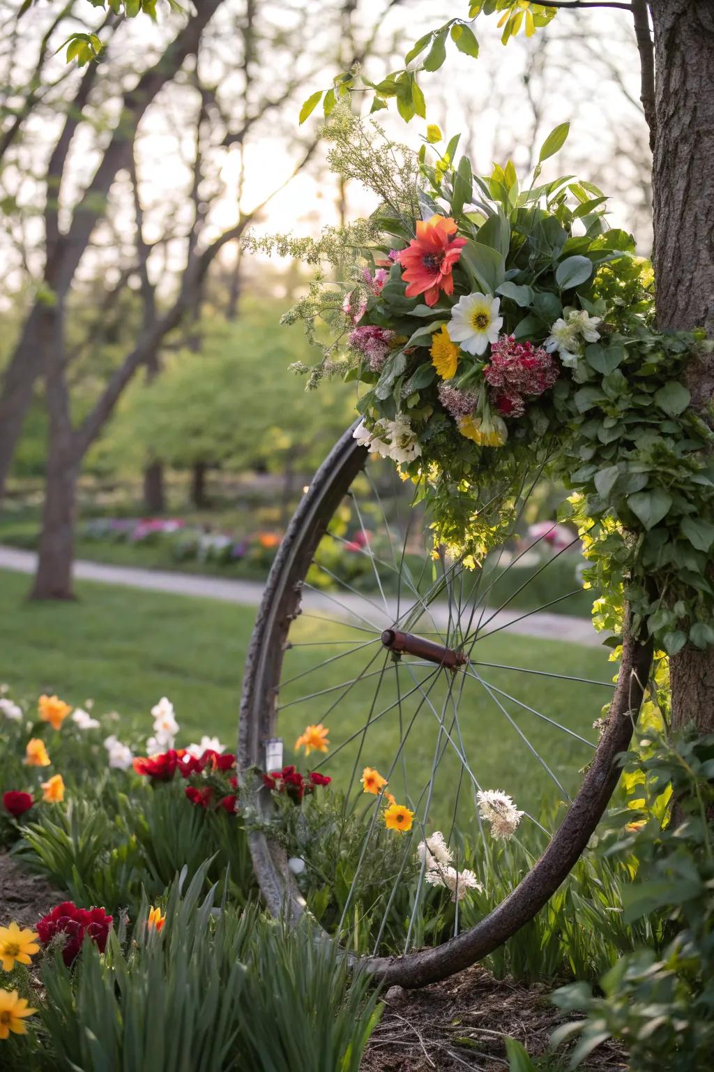 A garden-inspired bicycle wreath showcasing an abundance of flora for a natural aesthetic.