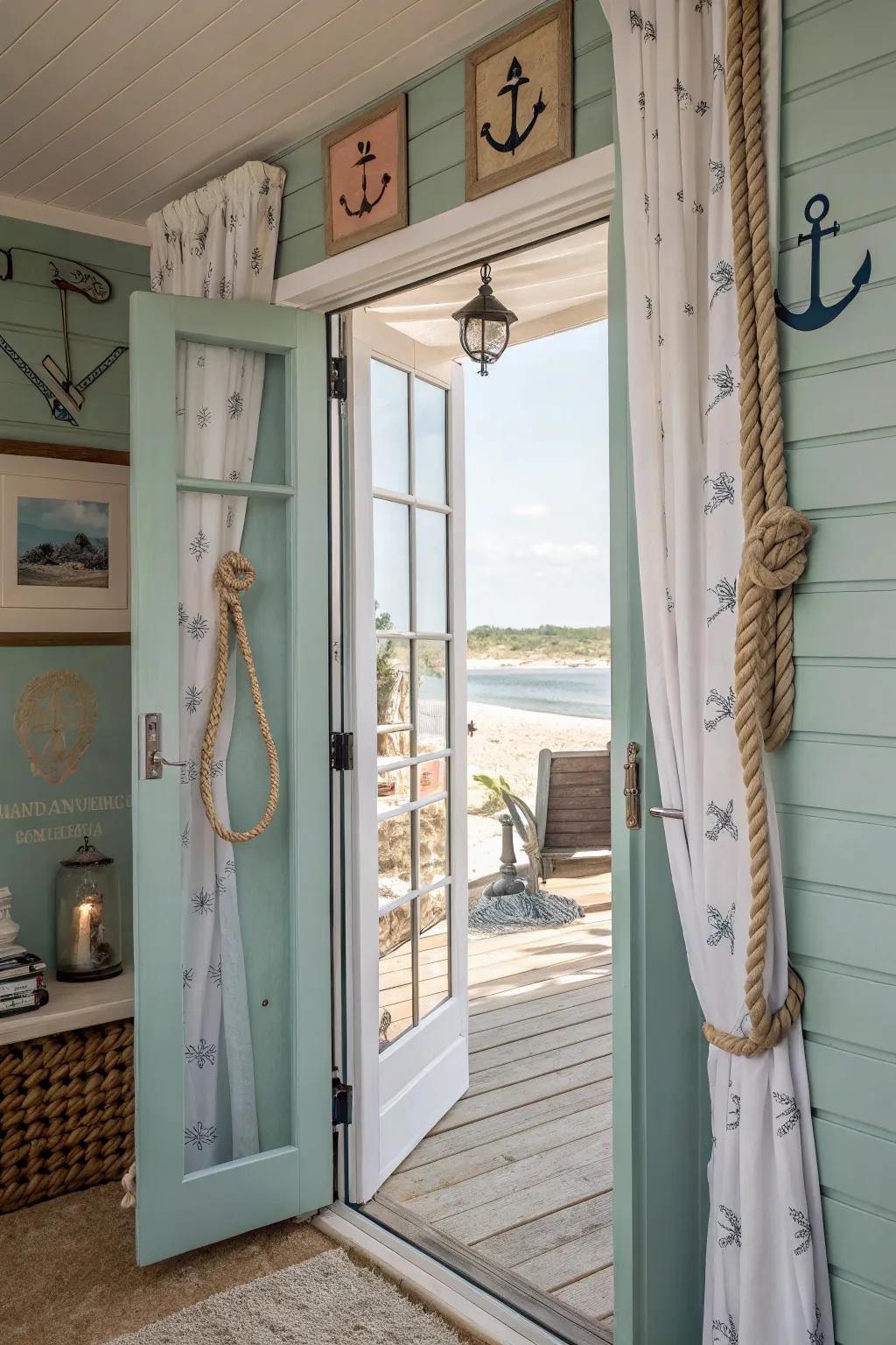 Bound braid accents bring a seafaring touch to bifold doors.