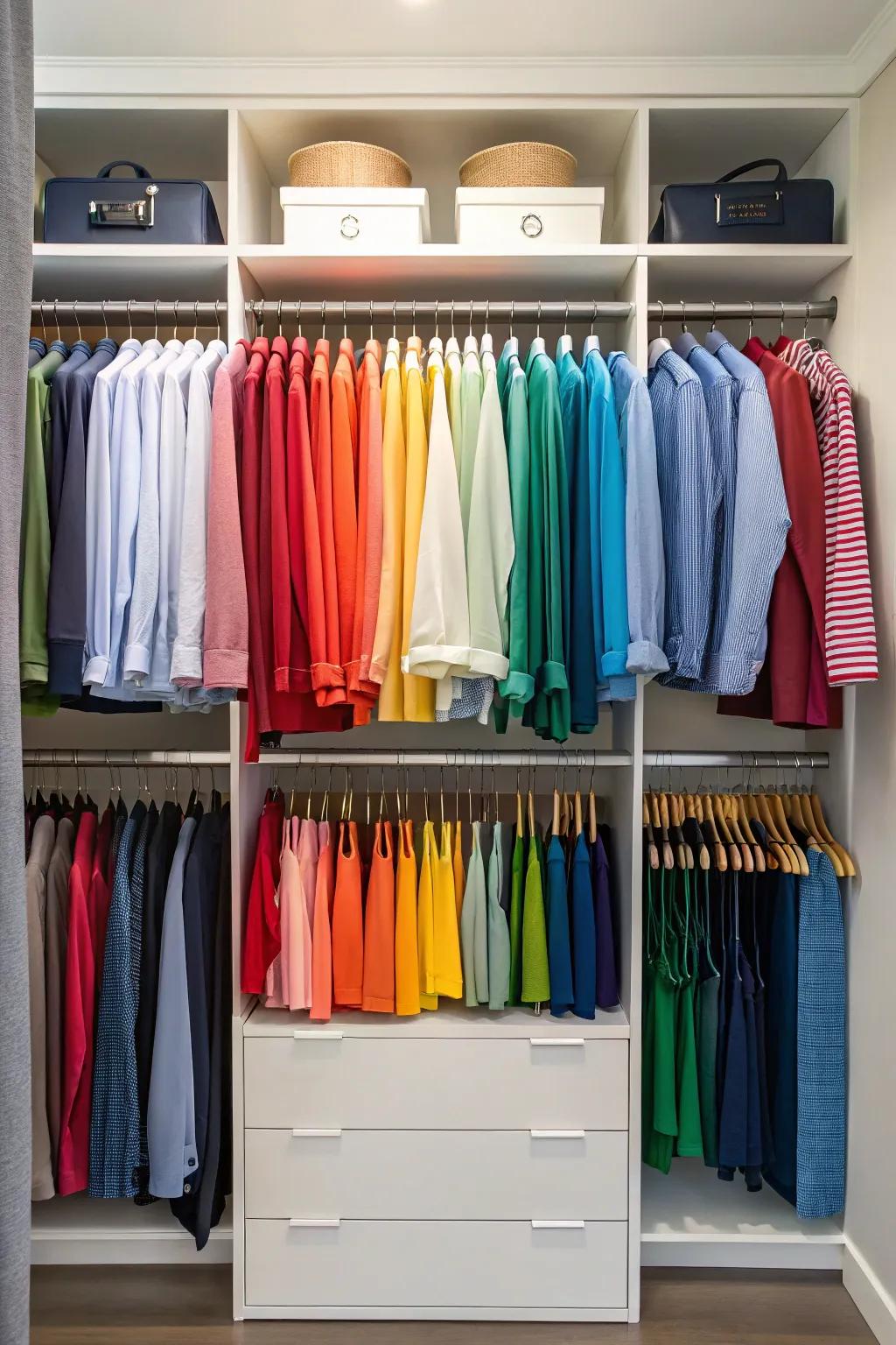 A closet featuring a color-coded clothing system for easy organization.