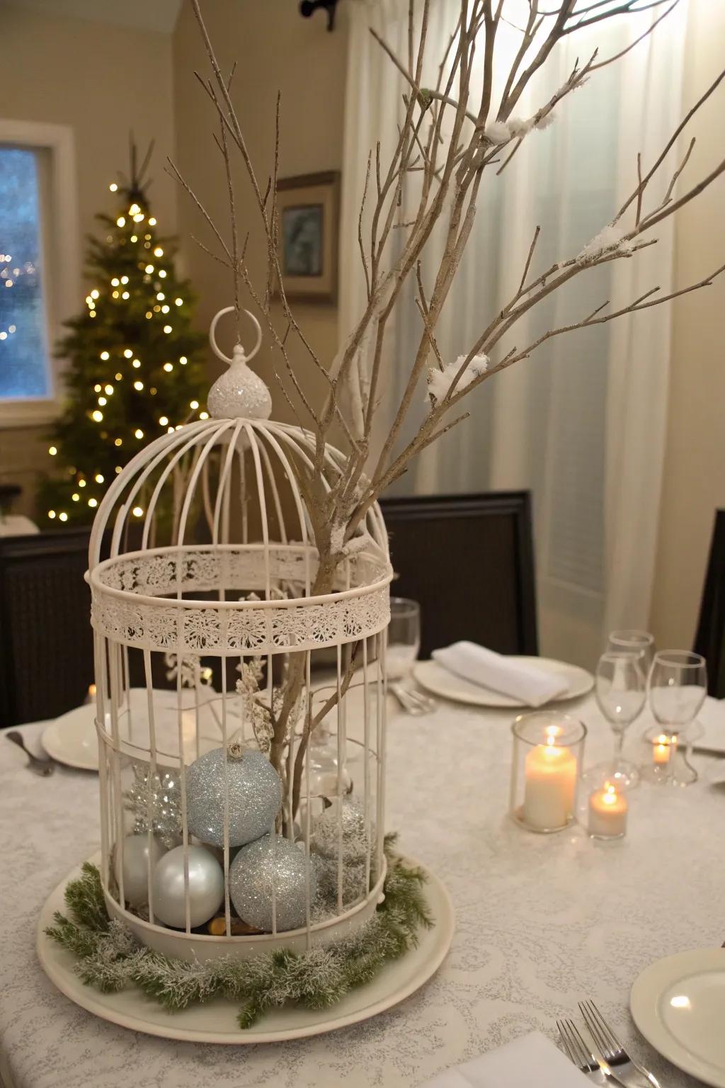 An icy wonderland bird sanctuary centerpiece featuring festive adornments.