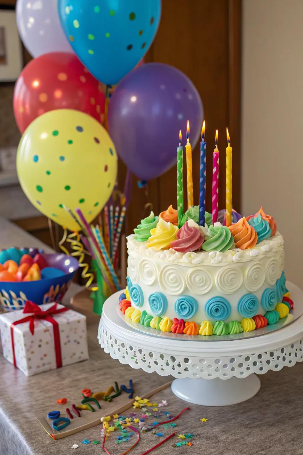 A whimsical cake display renders the birthday celebration extra special.