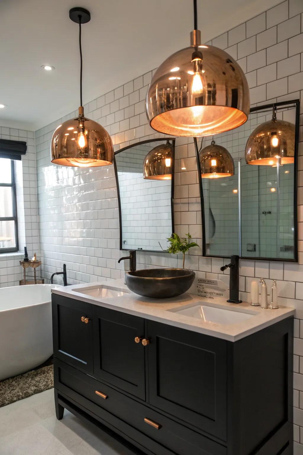 Copper suspended lights provide stylish illumination.