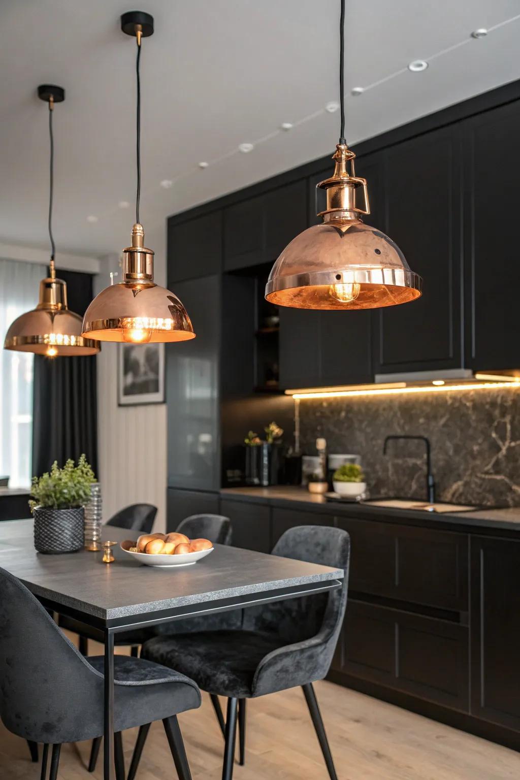 Bronze lighting fixtures add a warm, inviting glow to a dark kitchen.