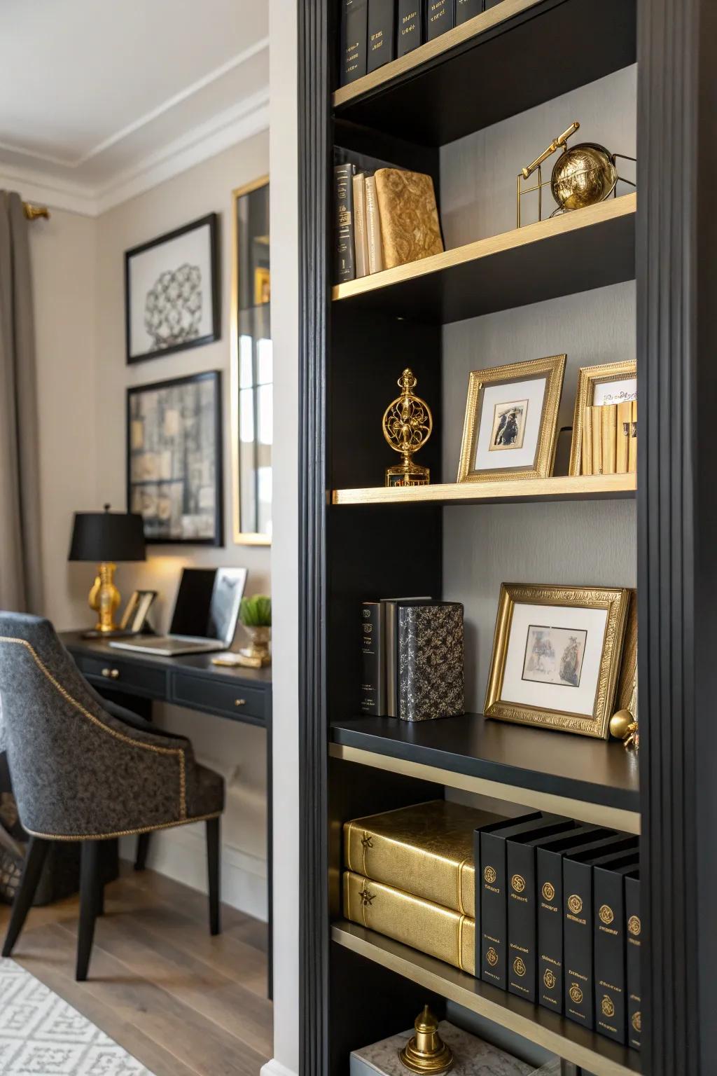 Dark and gilded styling transforms your bookshelf into an artistic display.