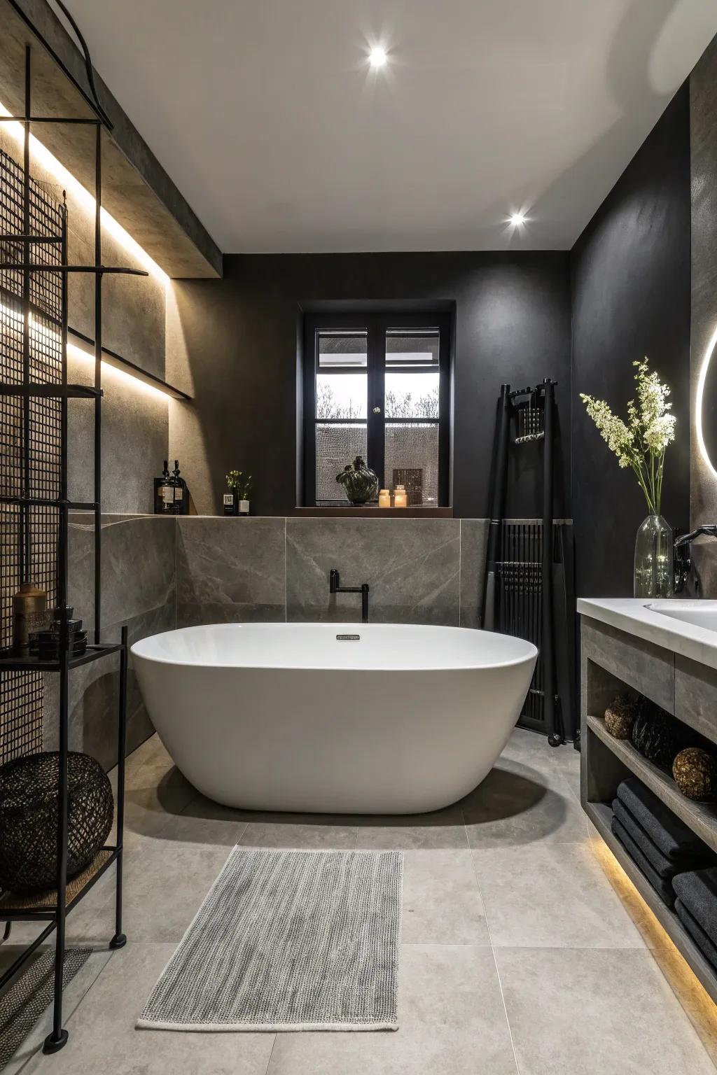 A bathroom featuring a detached soaker for a hint of luxury and elegance.