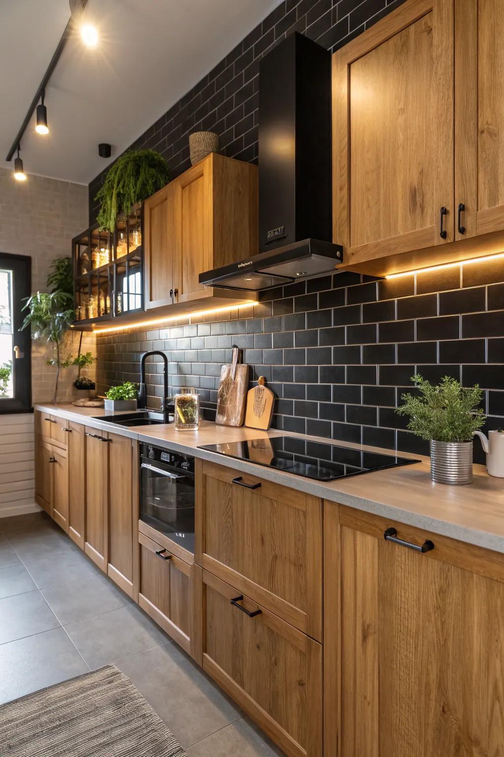The warmth of wooden cabinetry pairs beautifully with a bold ebony backsplash.